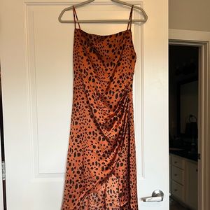 Thesethreeboutique silk slip cowl neck dress orange with black spots